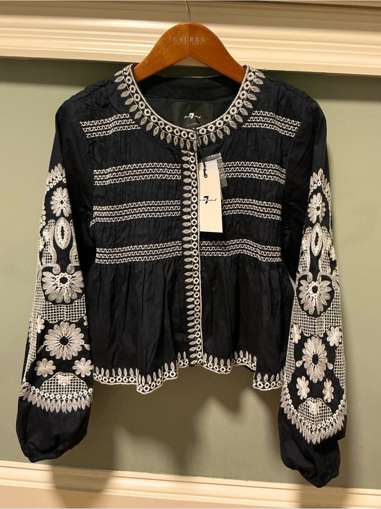 7 For All Mankind Jackets & Blazers - 7 For All Mankind Small Navy Blue Embroidered Peasant Jacket Snap-Front Top